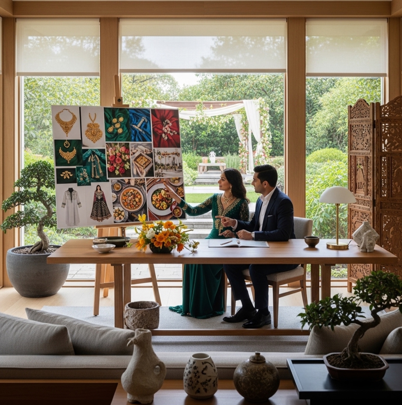 South Asian couple in luxury consultation setting with cultural inspiration board