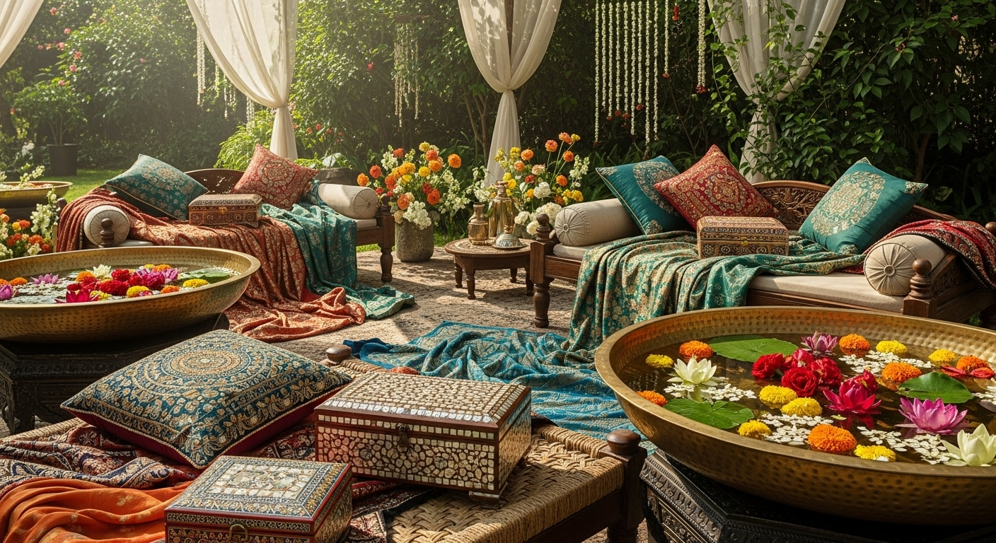 Luxurious South Asian wedding setup with ornate textiles, floral arrangements, and traditional decor elements